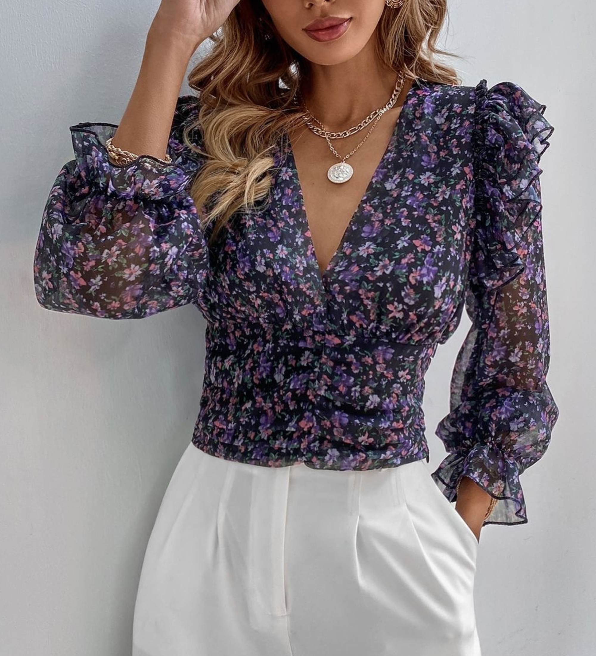 Clothes and You Floral Print Ruffle Trim Top