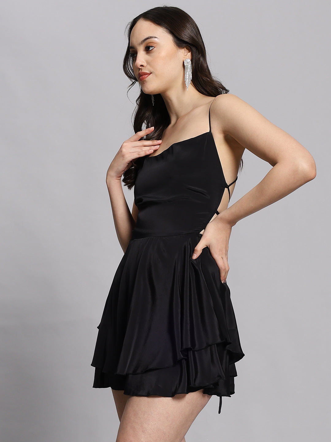 The Midnight Tiered Satin Mini Dress – Open Back Cowl Neck