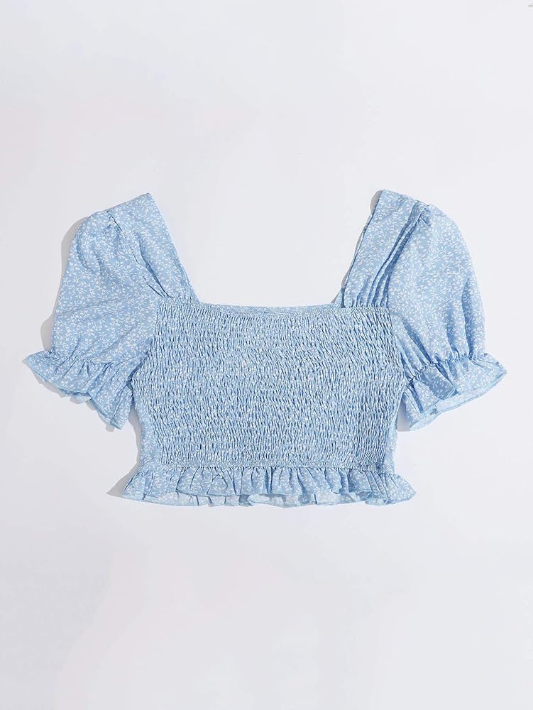 Ditsy Floral Shirred Back Drawstring Ruched Top in Blue