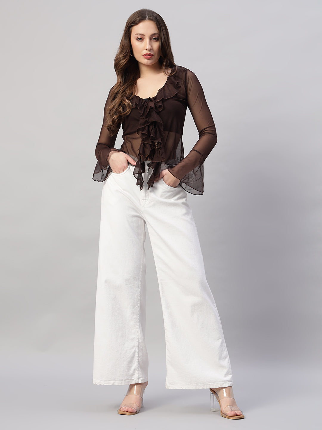 Chic Sheer Ruffle Blouse – Chocolate Brown