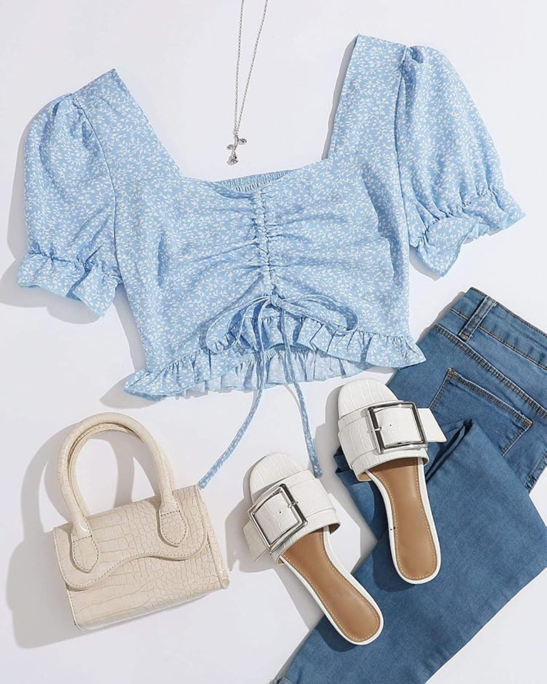 Ditsy Floral Shirred Back Drawstring Ruched Top in Blue