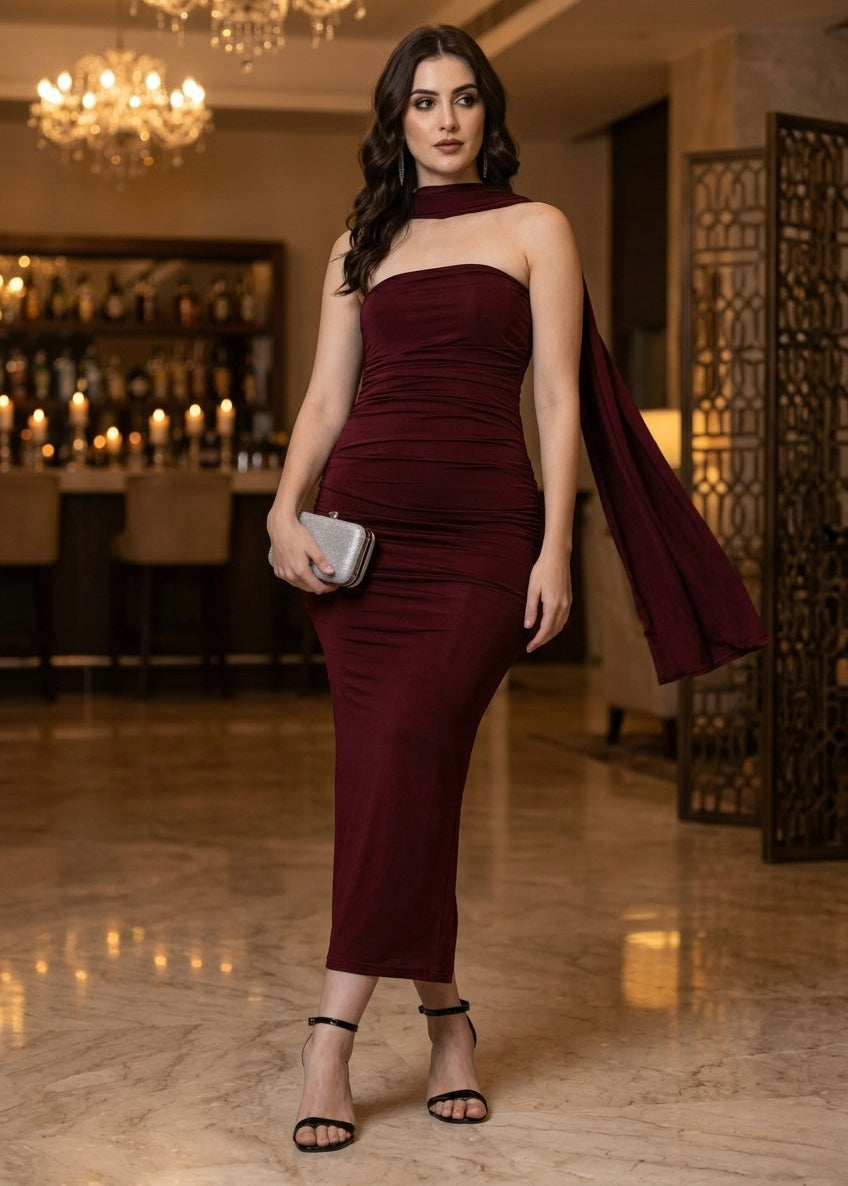 Midnight Merlot Ruched Maxi with Attached Choker Drape