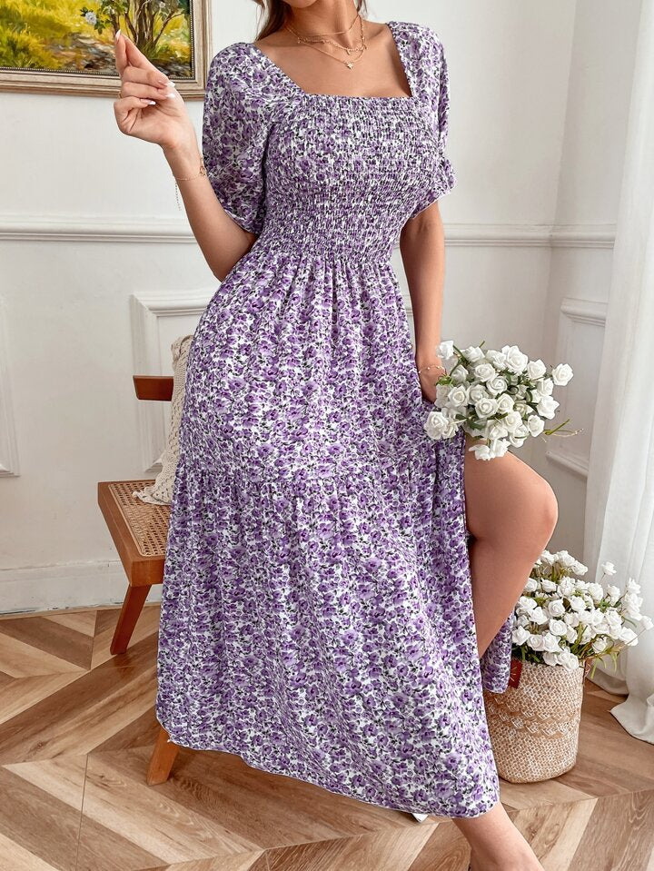 Allover Floral Print Shirred Puff Sleeve Square Neck Split Thigh Dress