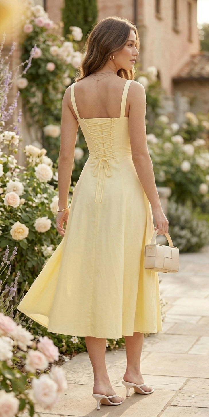 Limoncello Corset Midi Dress with Ruched Bust & Thigh Slit