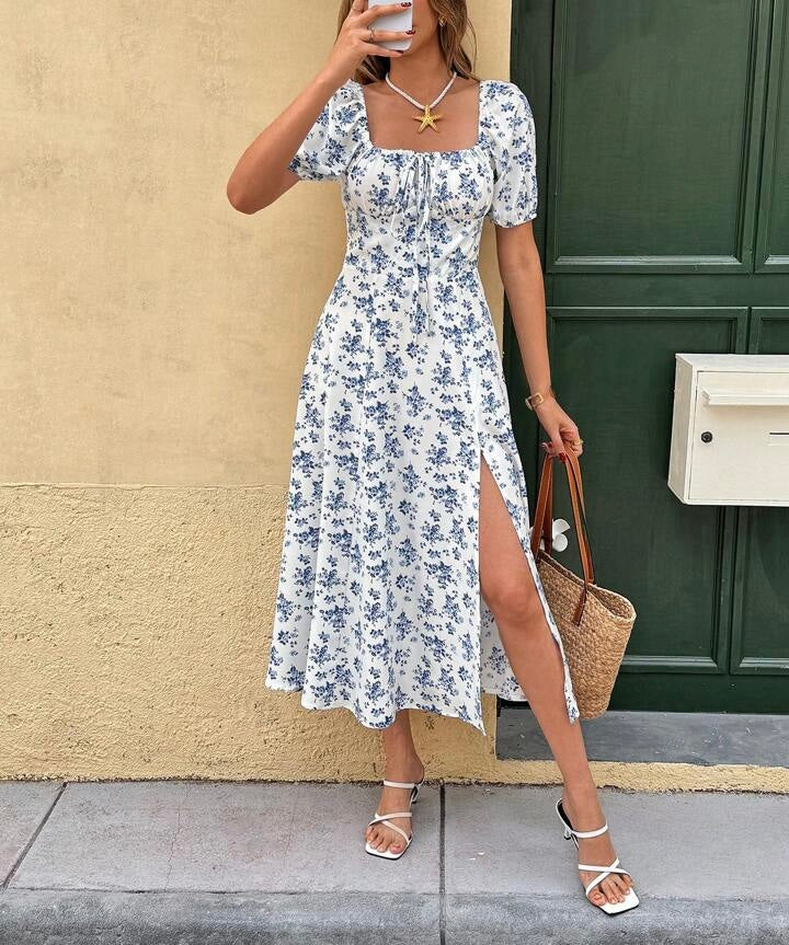 Summer Puff Sleeve Floral Split Maxi Dress - White