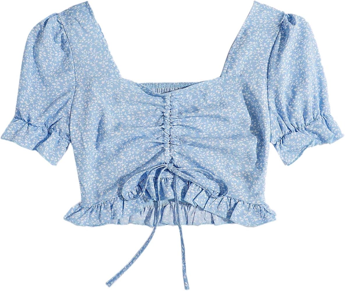 Ditsy Floral Shirred Back Drawstring Ruched Top in Blue