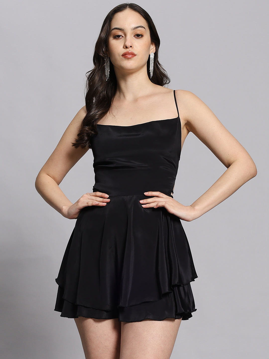 The Midnight Tiered Satin Mini Dress – Open Back Cowl Neck