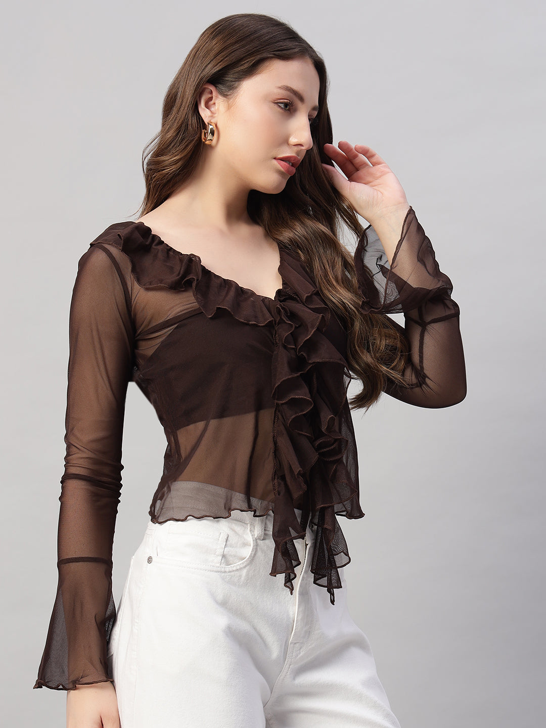 Chic Sheer Ruffle Blouse – Chocolate Brown