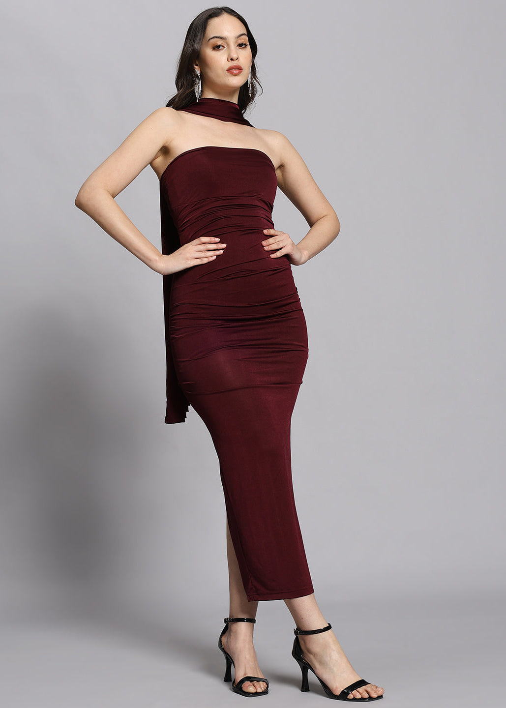Midnight Merlot Ruched Maxi with Attached Choker Drape