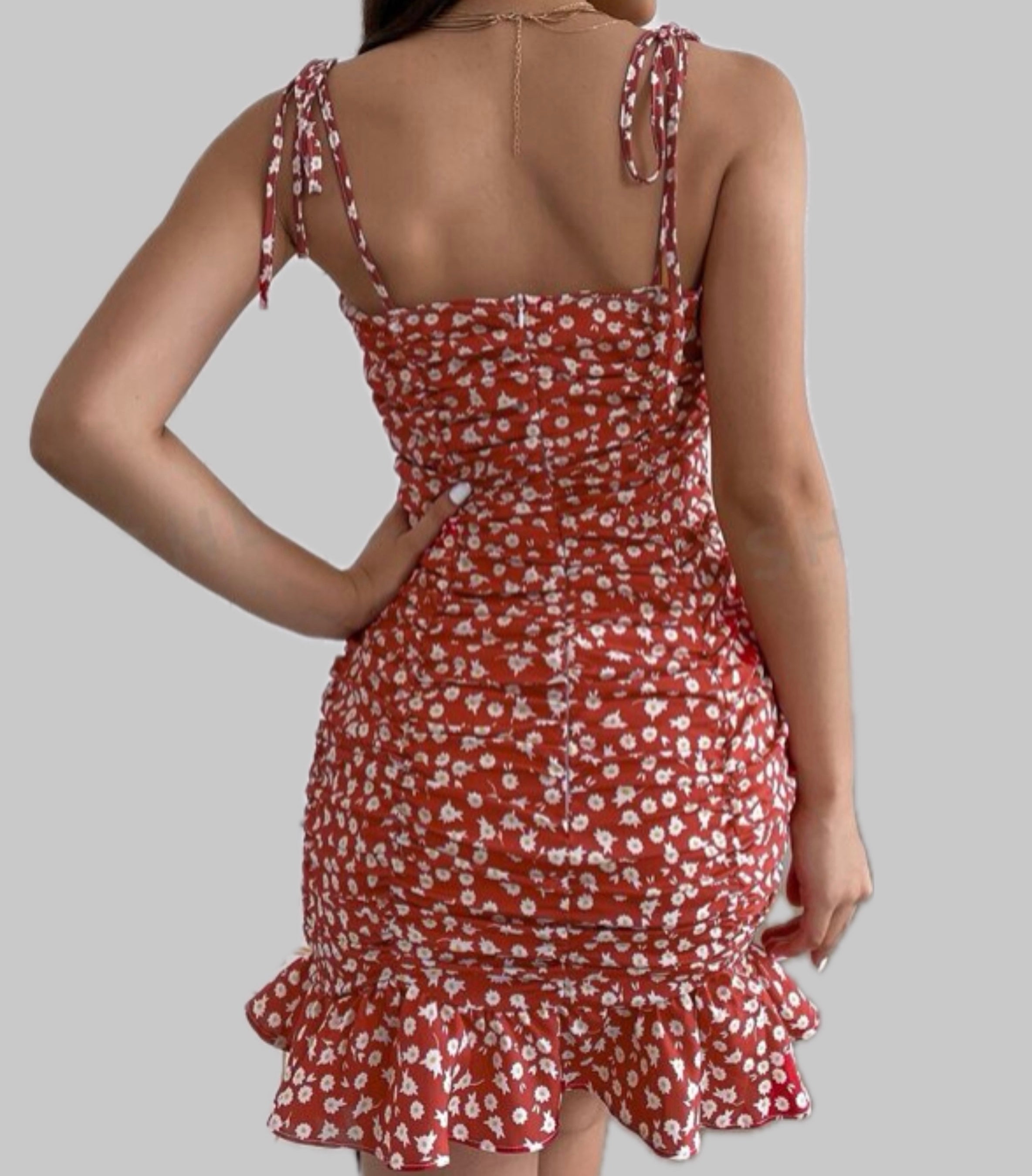 Ditsy Floral Tie Shoulder Ruched Dress - Clothes and You