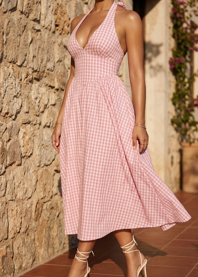 Rosie Pink Gingham Halter Neck Midi Dress