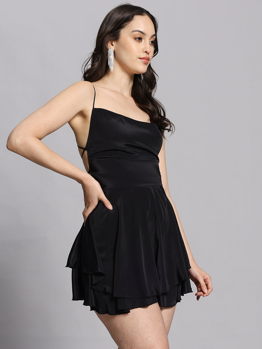 The Midnight Tiered Satin Mini Dress – Open Back Cowl Neck