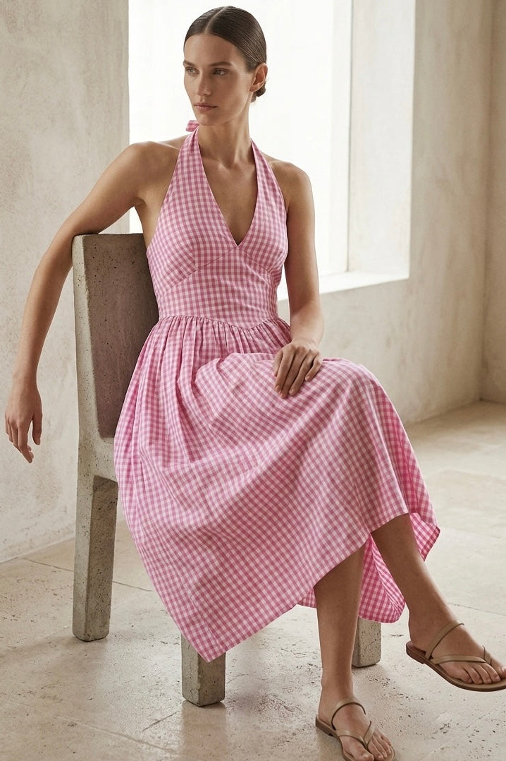 š„Rosie Gingham Halter Neck Dress