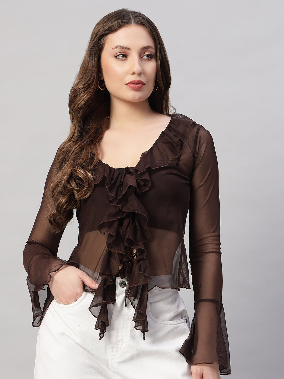 Chic Sheer Ruffle Blouse – Chocolate Brown