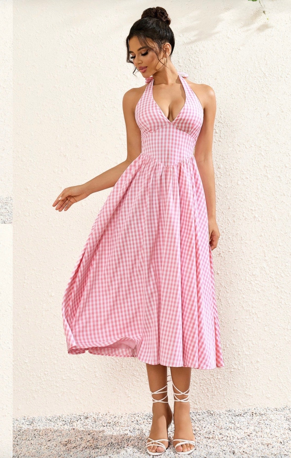 Rosie Pink Gingham Halter Neck Midi Dress