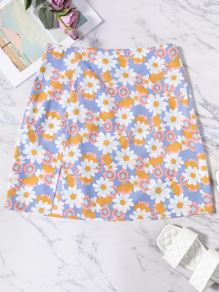 Floral Split Hem Zipper Skirt