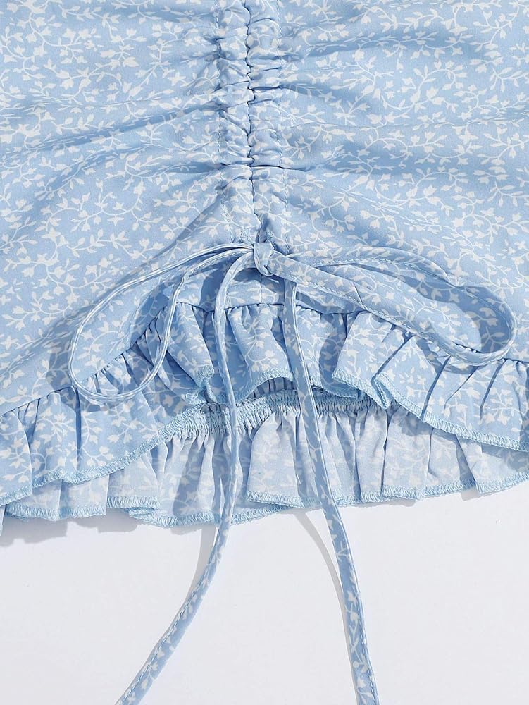 Ditsy Floral Shirred Back Drawstring Ruched Top in Blue