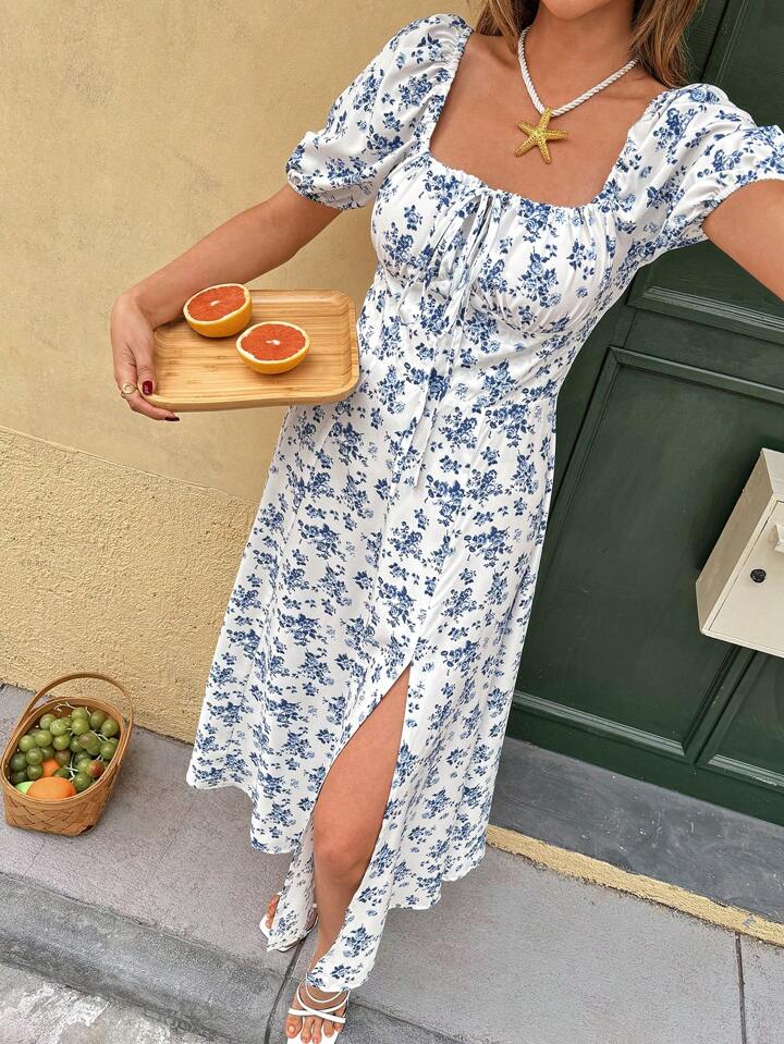 Summer Puff Sleeve Floral Split Maxi Dress - White