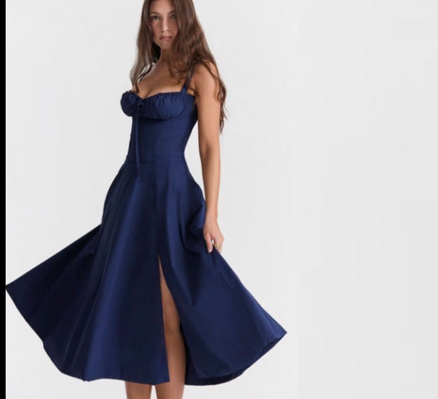 Midnight Navy Corset Midi Dress with Ruched Bust and Thigh Slit