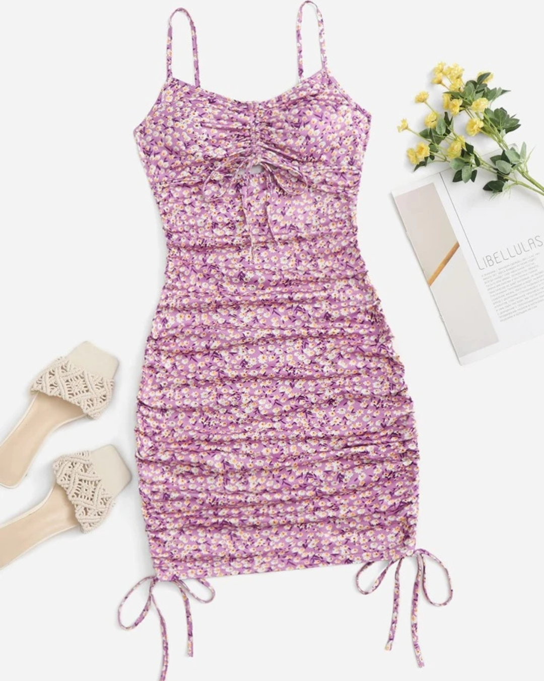 Cut Out Drawstring Knot Front Ditsy Floral Slip Dress in Pink