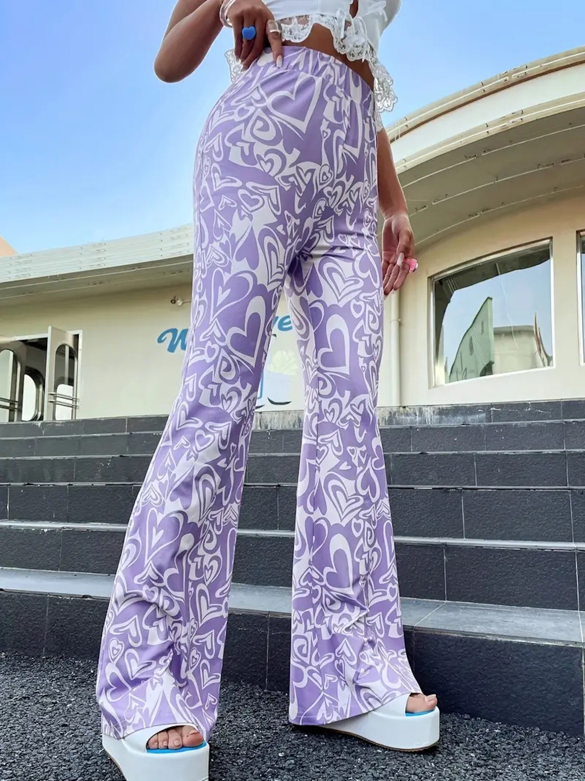 Clothes and You Heart Print Flare Leg Pants