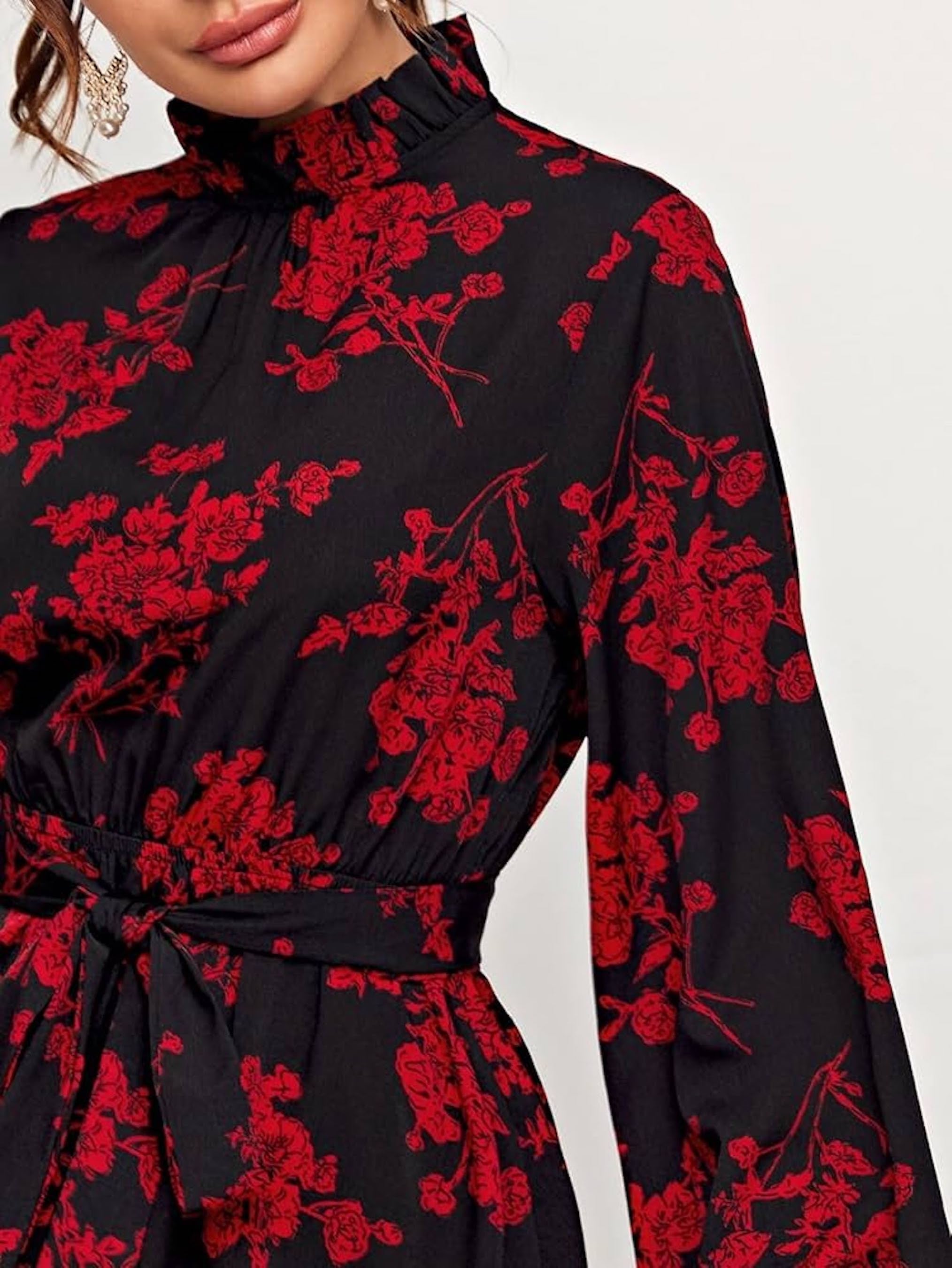 Clothes and You Floral Print Tied Cutout Back Self Belted Dress