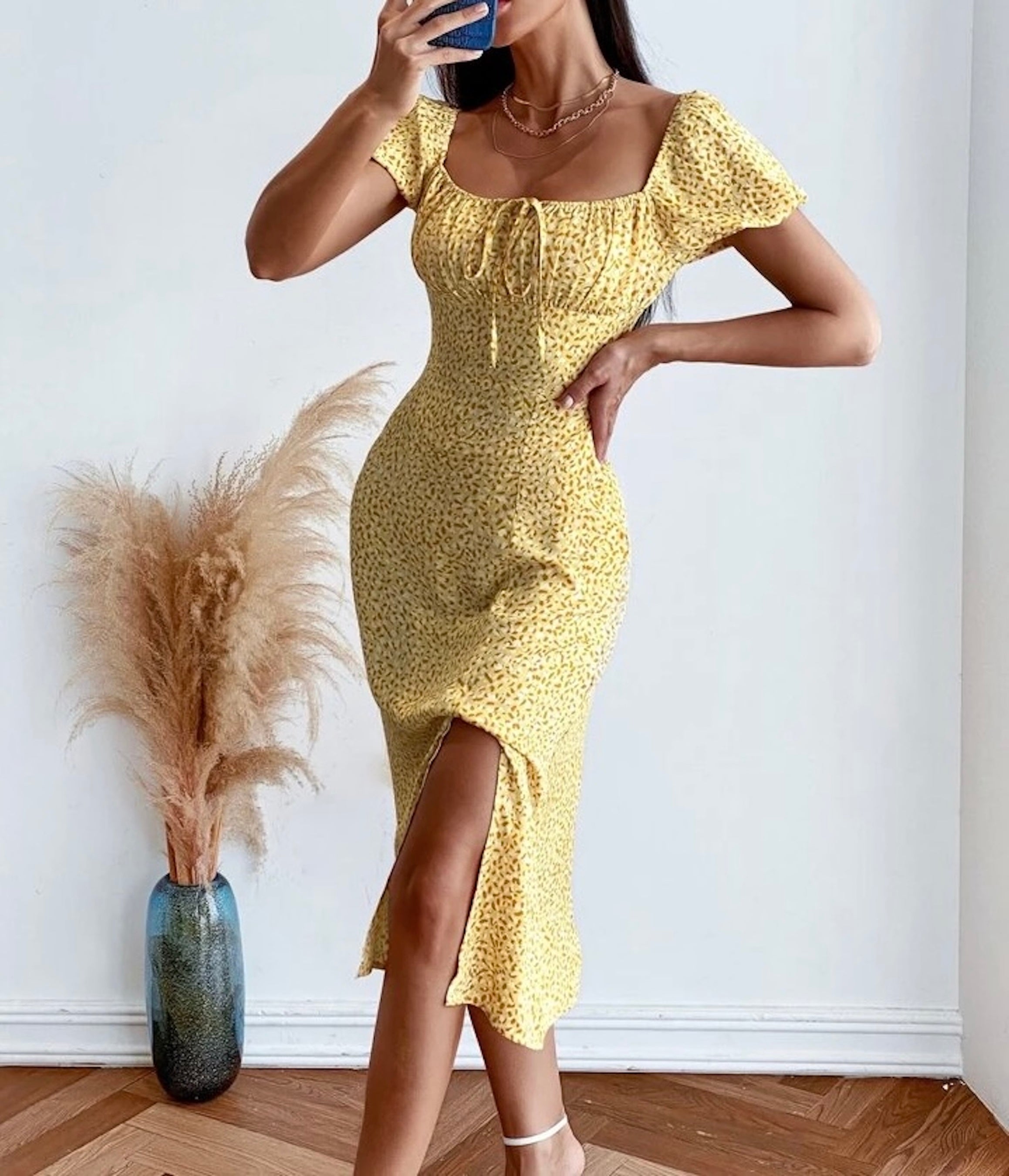 Allover Print Ruched Bust Milkmaid Dress- Clothes and You