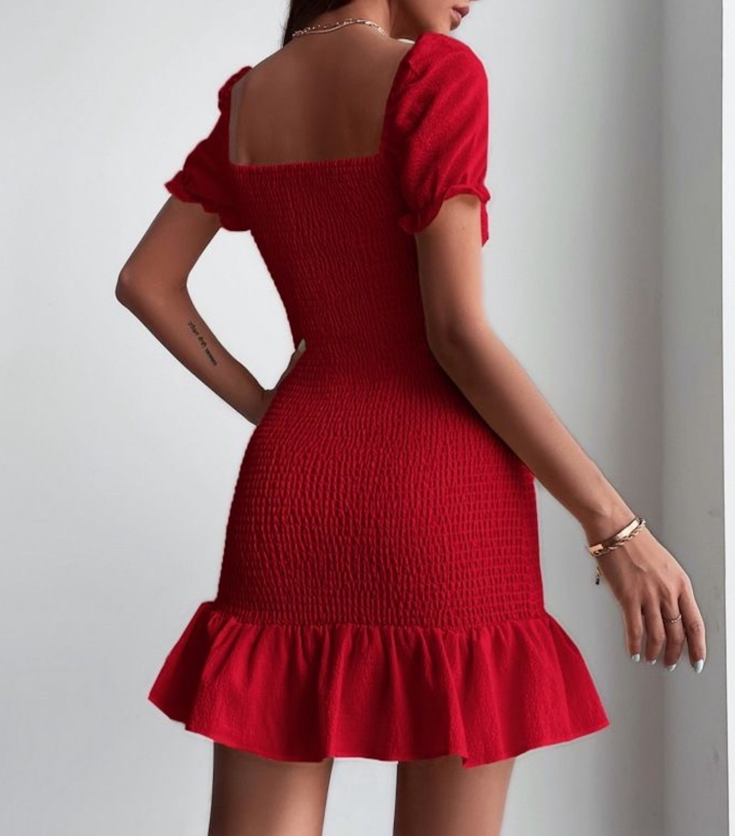 Shirred Ruffle Hem Mini Dress - Clothes and You