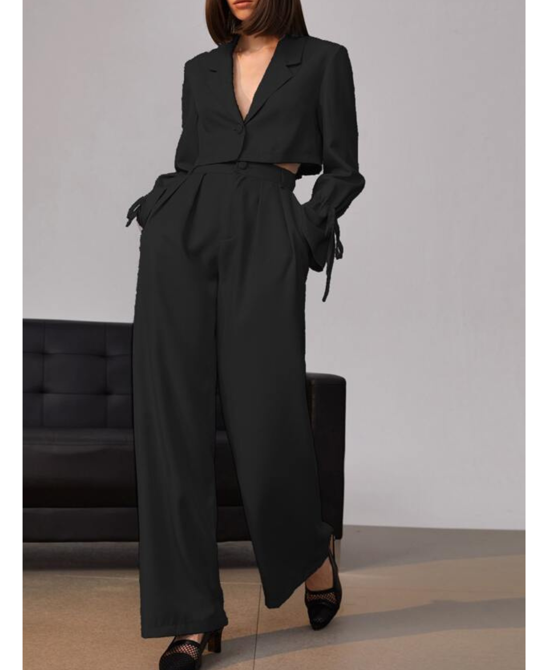 Clothes&You Flounce Sleeve Single Button Crop Blazer & Pants