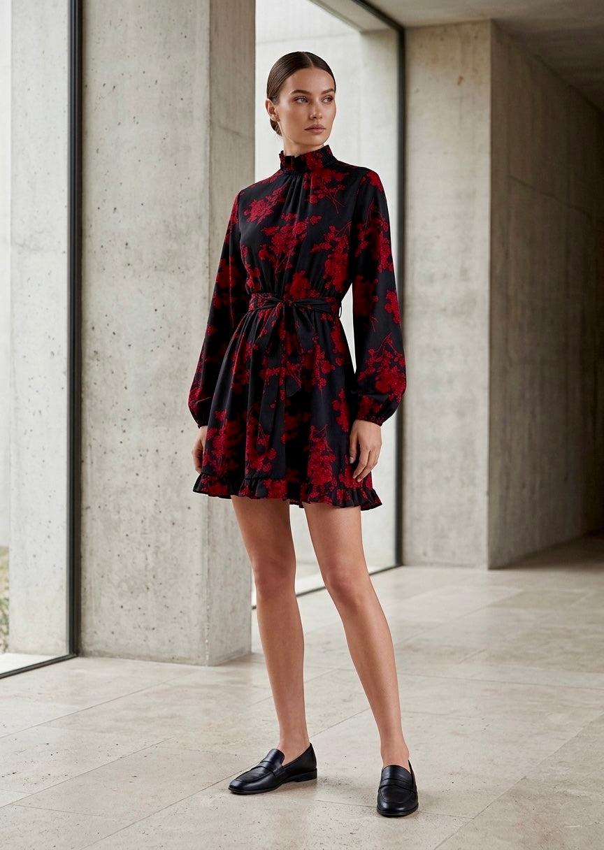 Ruffle Hem Belted Dress