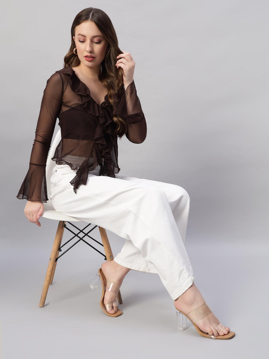 Chic Sheer Ruffle Blouse – Chocolate Brown