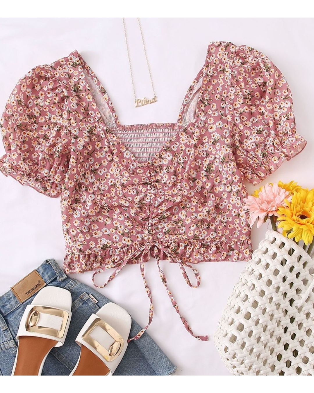 Ditsy Floral Shirred Back Drawstring Ruched Top