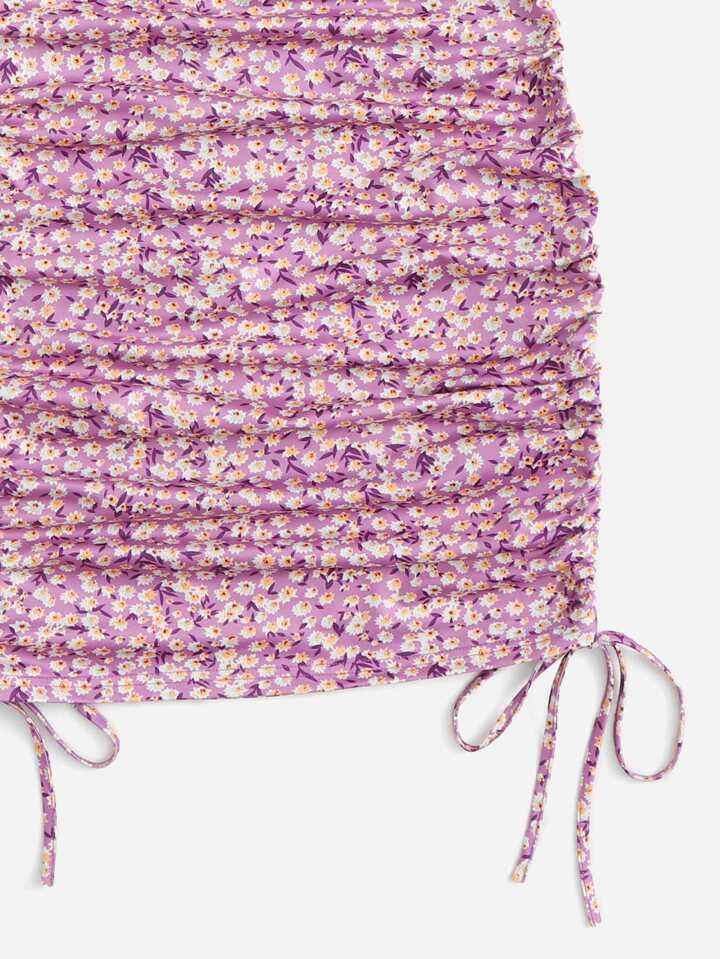 Cut Out Drawstring Knot Front Ditsy Floral Slip Dress in Pink