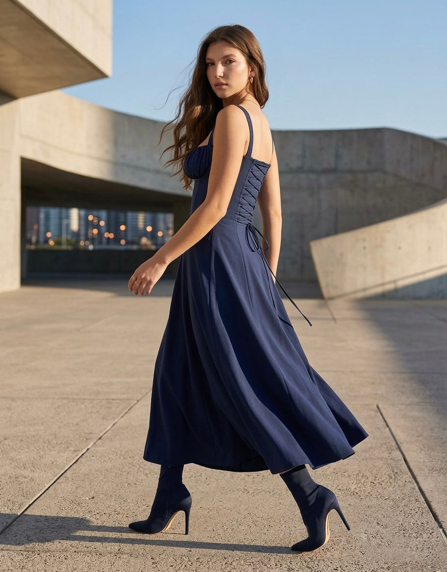 Midnight Navy Corset Midi Dress with Ruched Bust and Thigh Slit