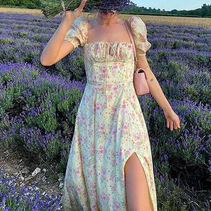 Summer Puff Sleeve Floral Split Maxi Dress - Yellow