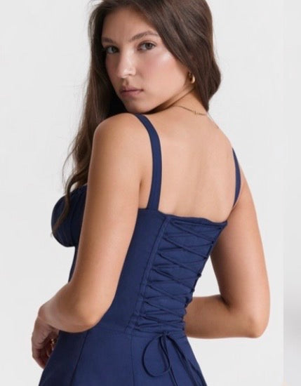 Midnight Navy Corset Midi Dress with Ruched Bust and Thigh Slit