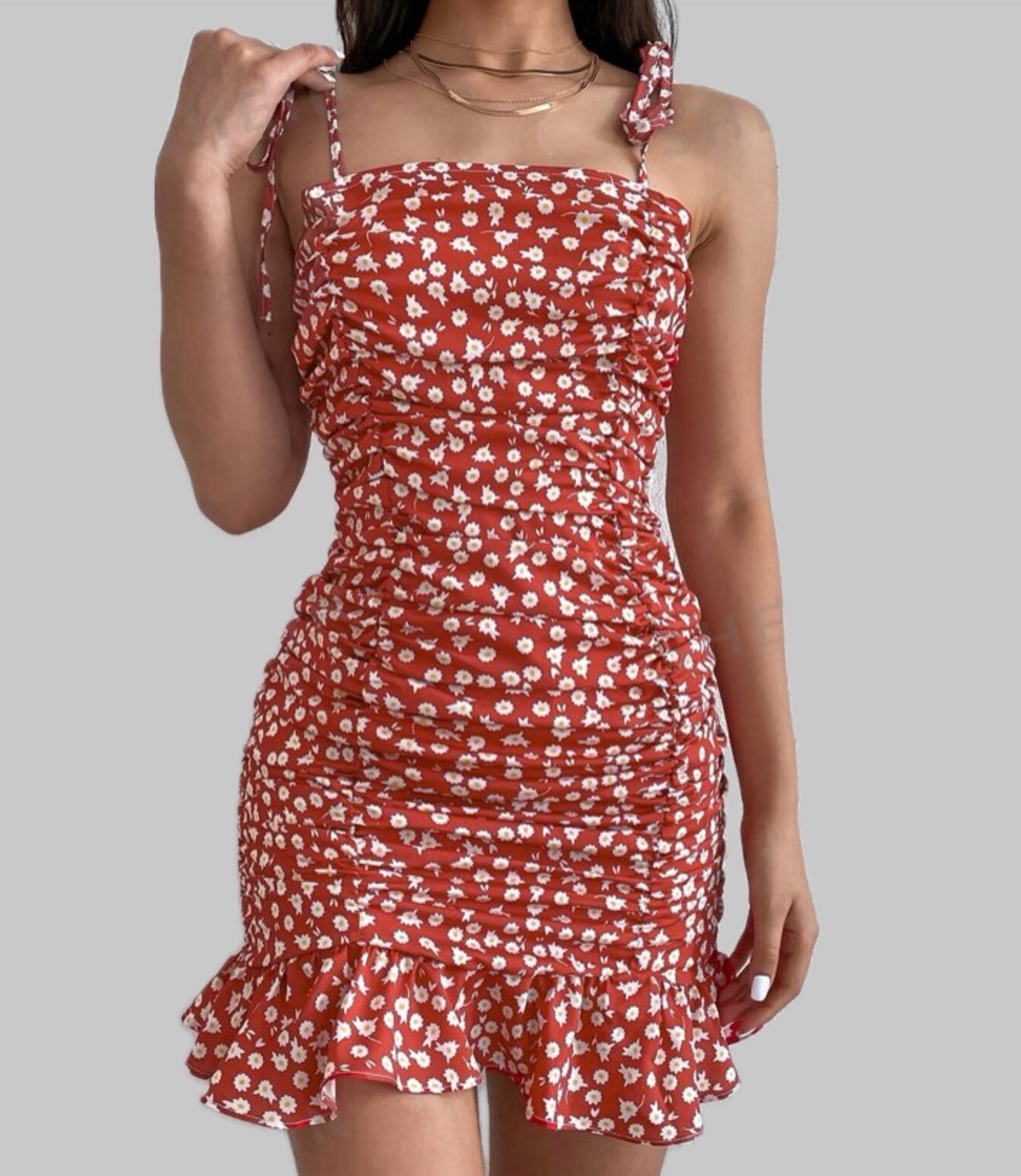 Ditsy Floral Tie Shoulder Ruched Dress - Clothes and You