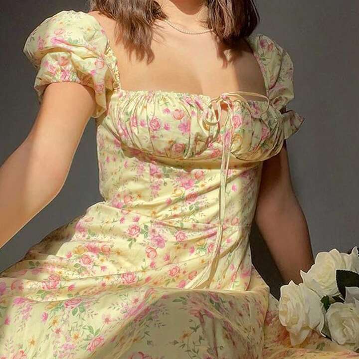 Summer Puff Sleeve Floral Split Maxi Dress - Yellow