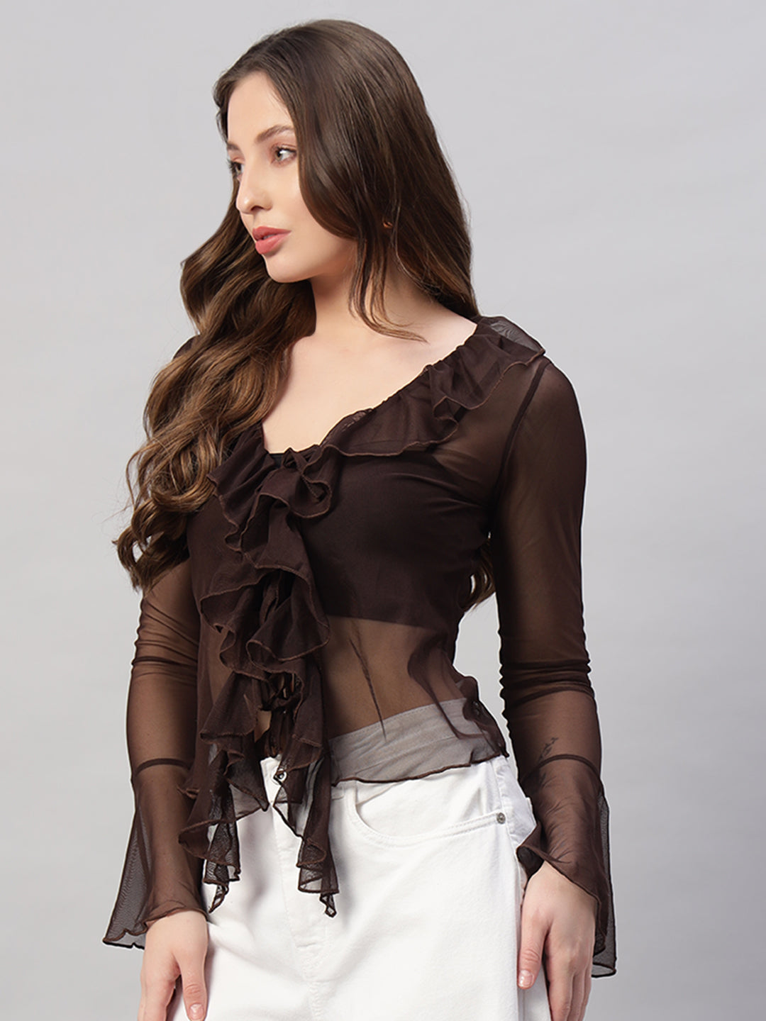 Chic Sheer Ruffle Blouse – Chocolate Brown