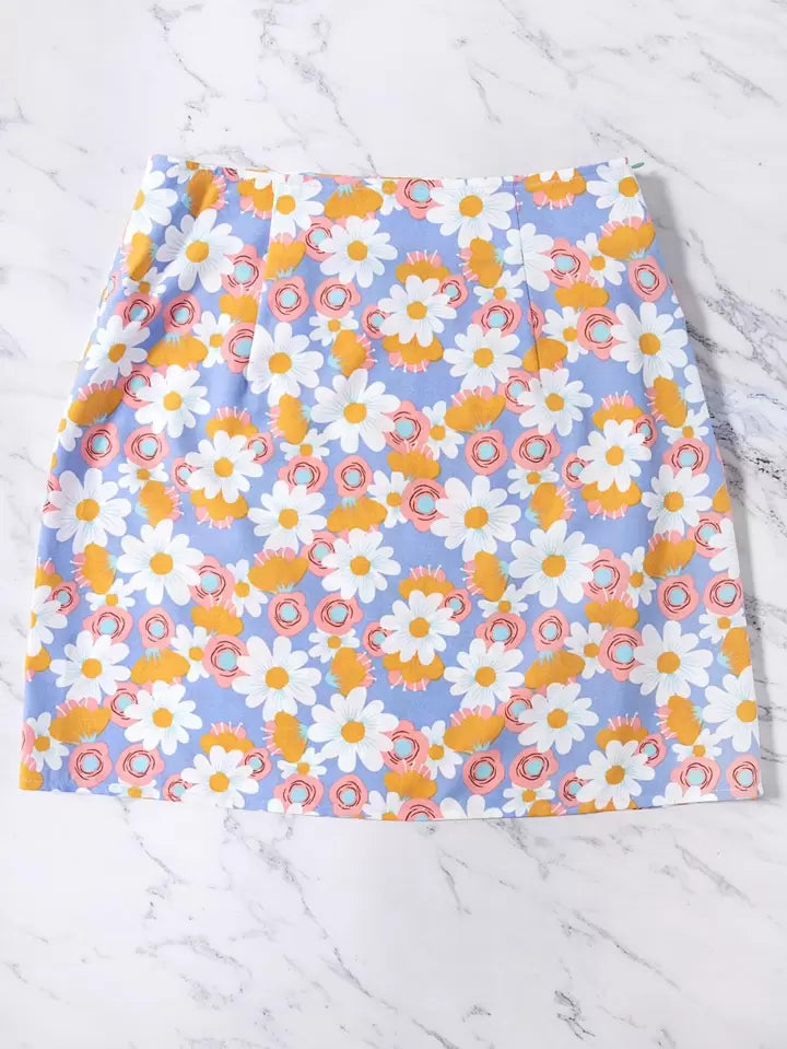 Floral Split Hem Zipper Skirt