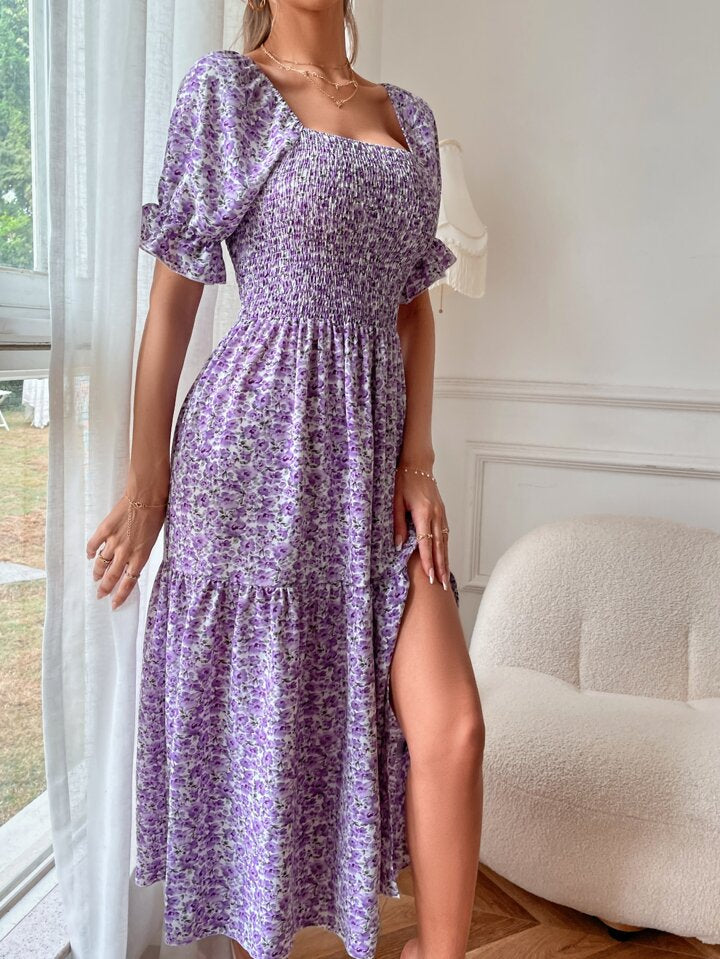 Allover Floral Print Shirred Puff Sleeve Square Neck Split Thigh Dress
