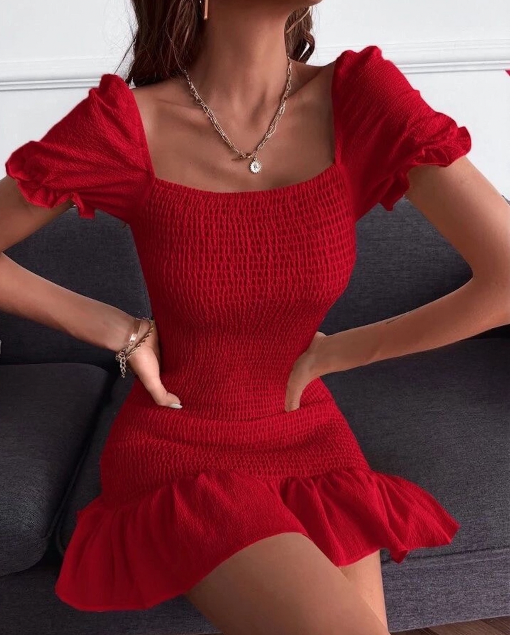 Shirred Ruffle Hem Mini Dress - Clothes and You