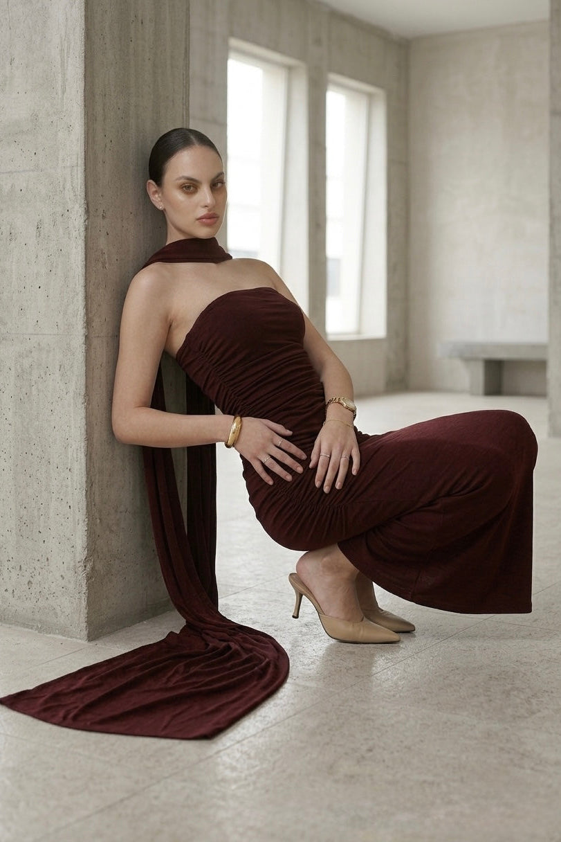 Ruched Midnight Wine Dress