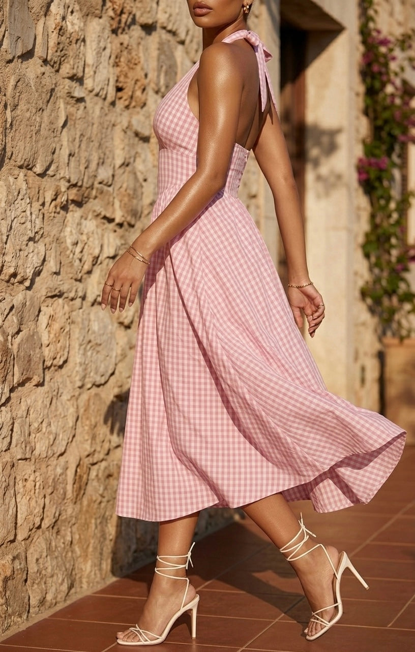 Rosie Pink Gingham Halter Neck Midi Dress
