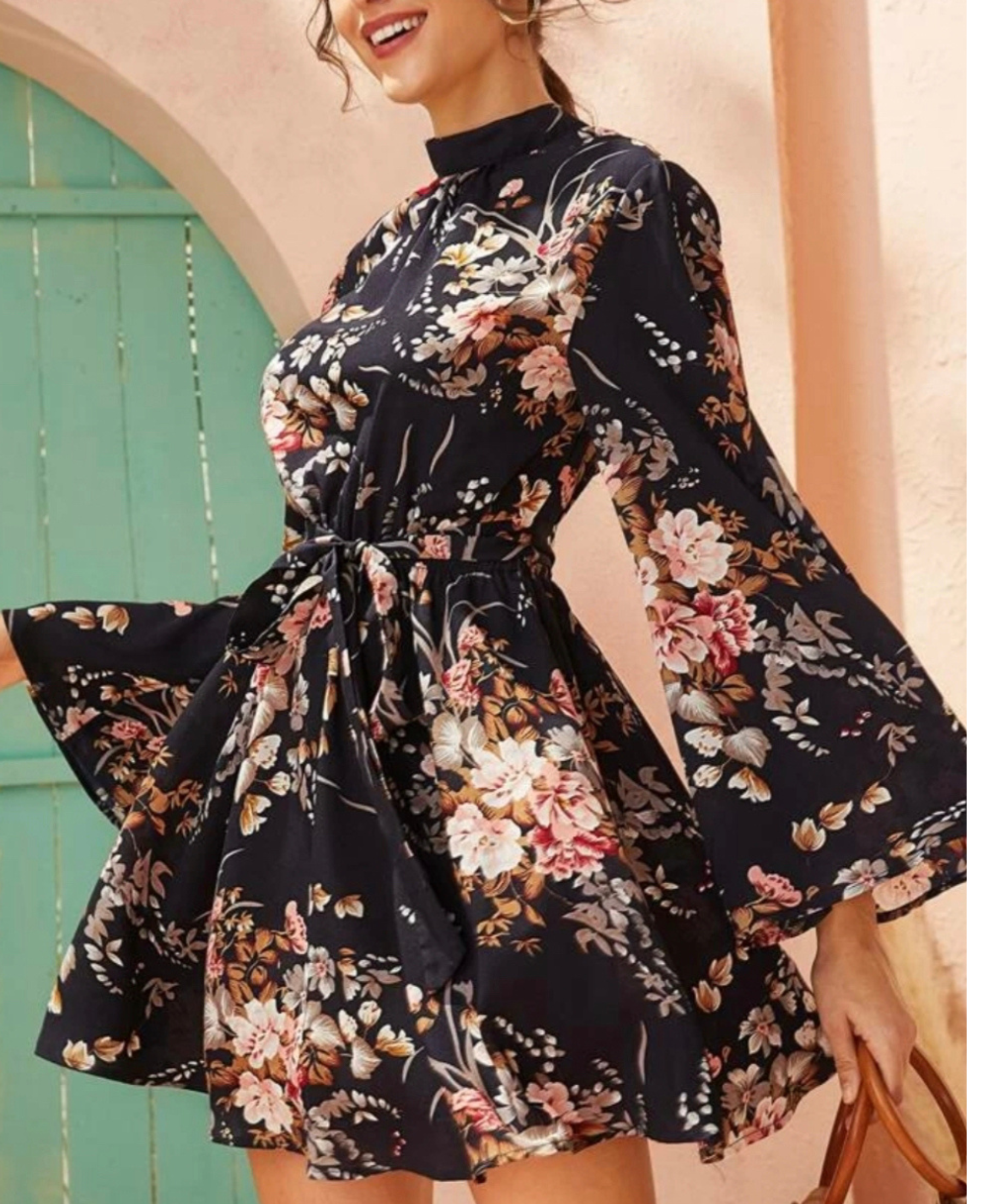 Clothes and You Tie Open Back Self Belted Floral Print Dress