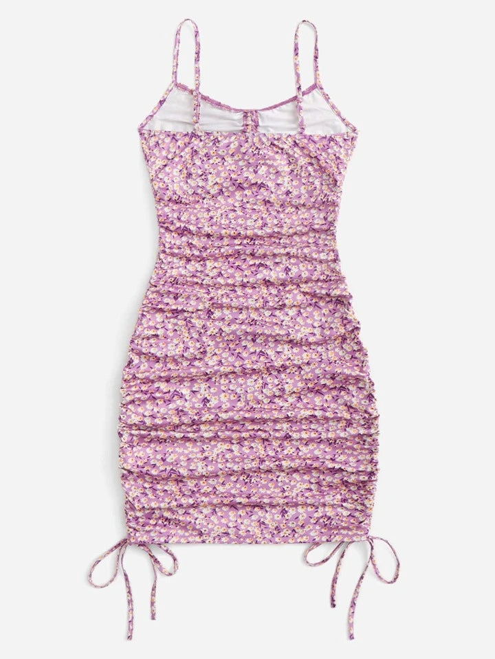 Cut Out Drawstring Knot Front Ditsy Floral Slip Dress in Pink