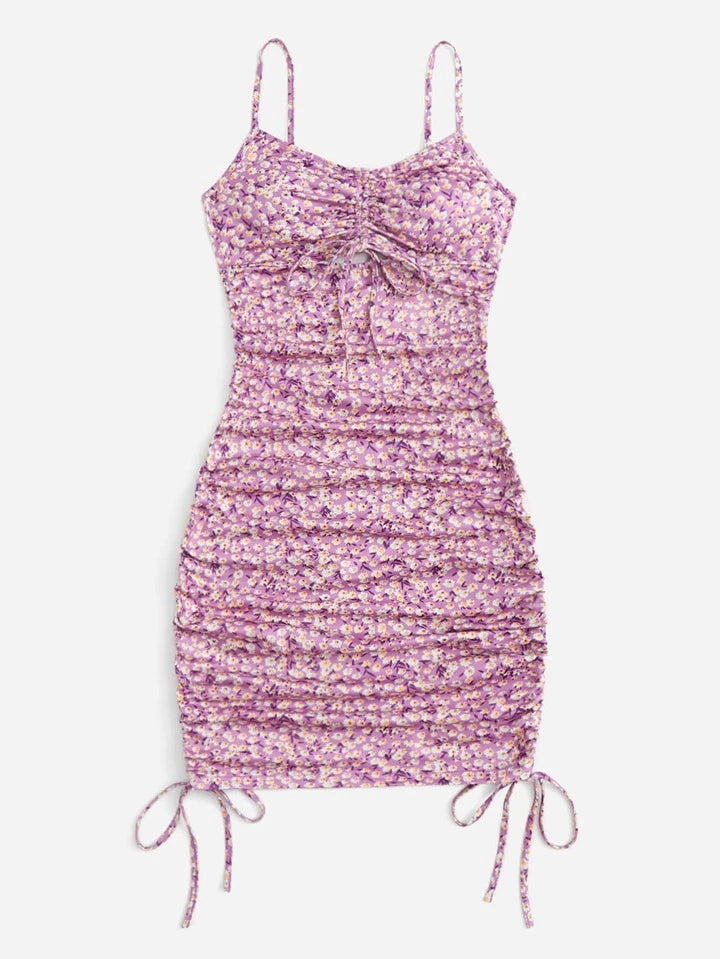 Cut Out Drawstring Knot Front Ditsy Floral Slip Dress in Pink