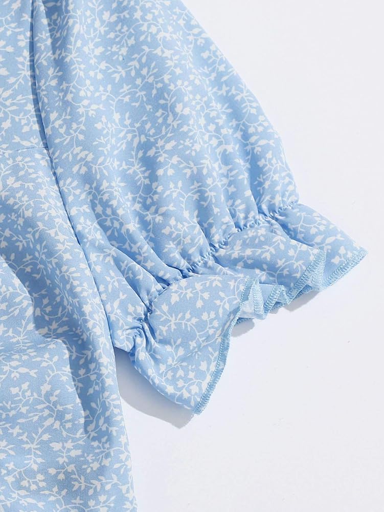 Ditsy Floral Shirred Back Drawstring Ruched  Top in Blue