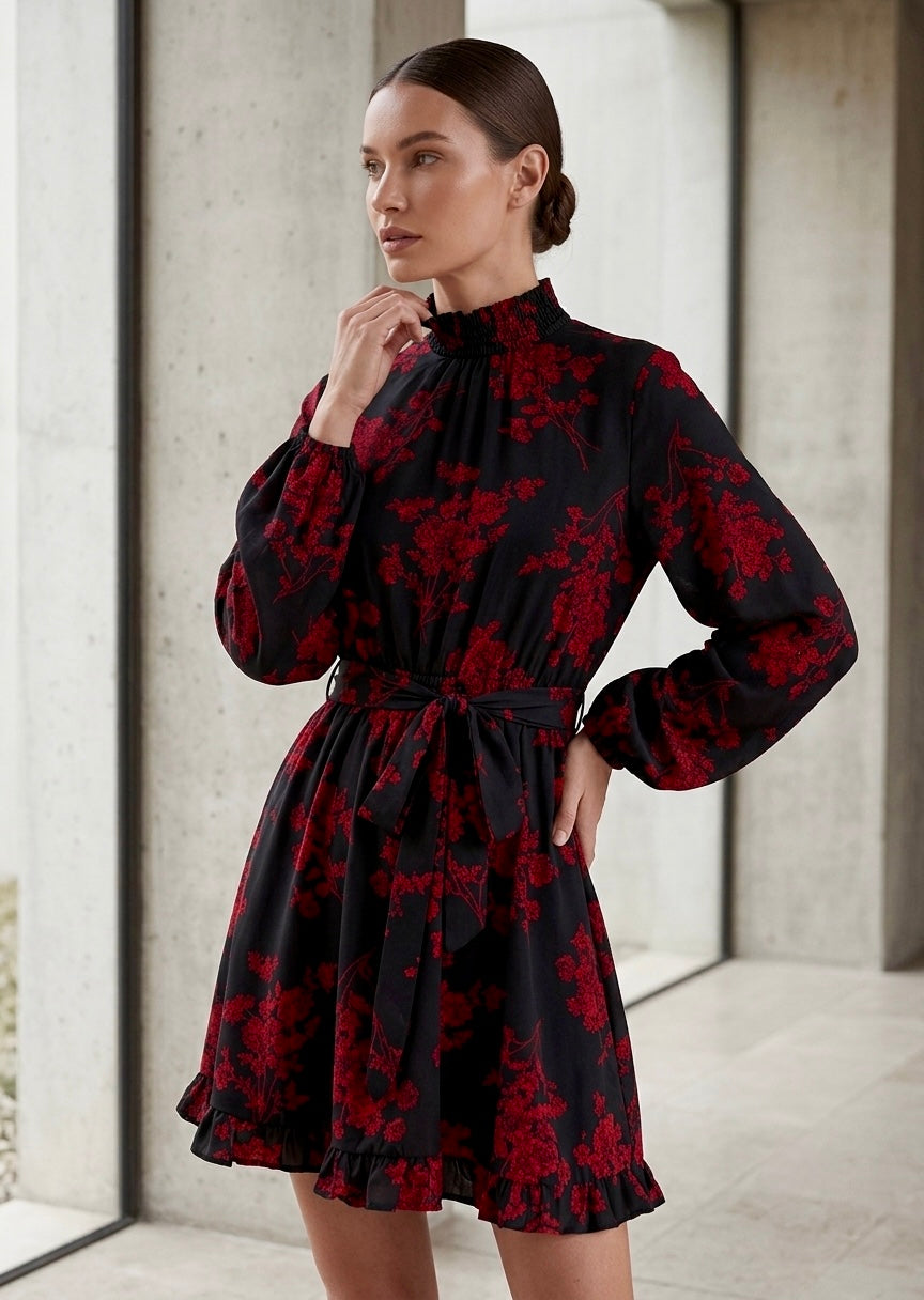 Ruffle Hem Belted Dress