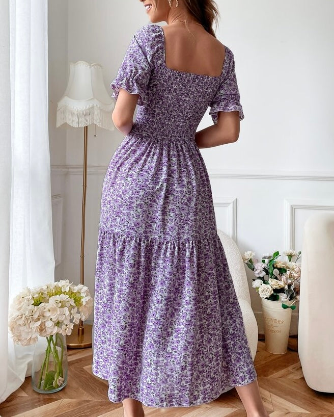 Allover Floral Print Shirred Puff Sleeve Square Neck Split Thigh Dress